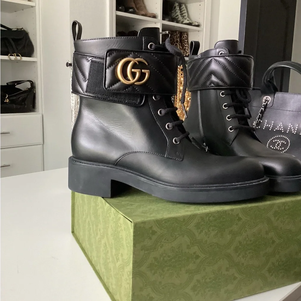 Gucci Black Combat Moto Boots with GG Logo - Picture 7 of 14